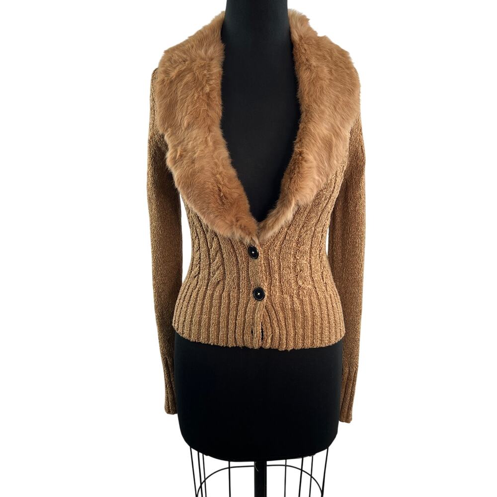 Y2K Gen Z XOXO Collection Beige Cardigan Sweater Cable Fur Shawl Collar Medium M
